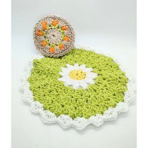 New Handmade Crotchet Cotton Dish Cloth Scrubber Sponge Set Floral Green Tan